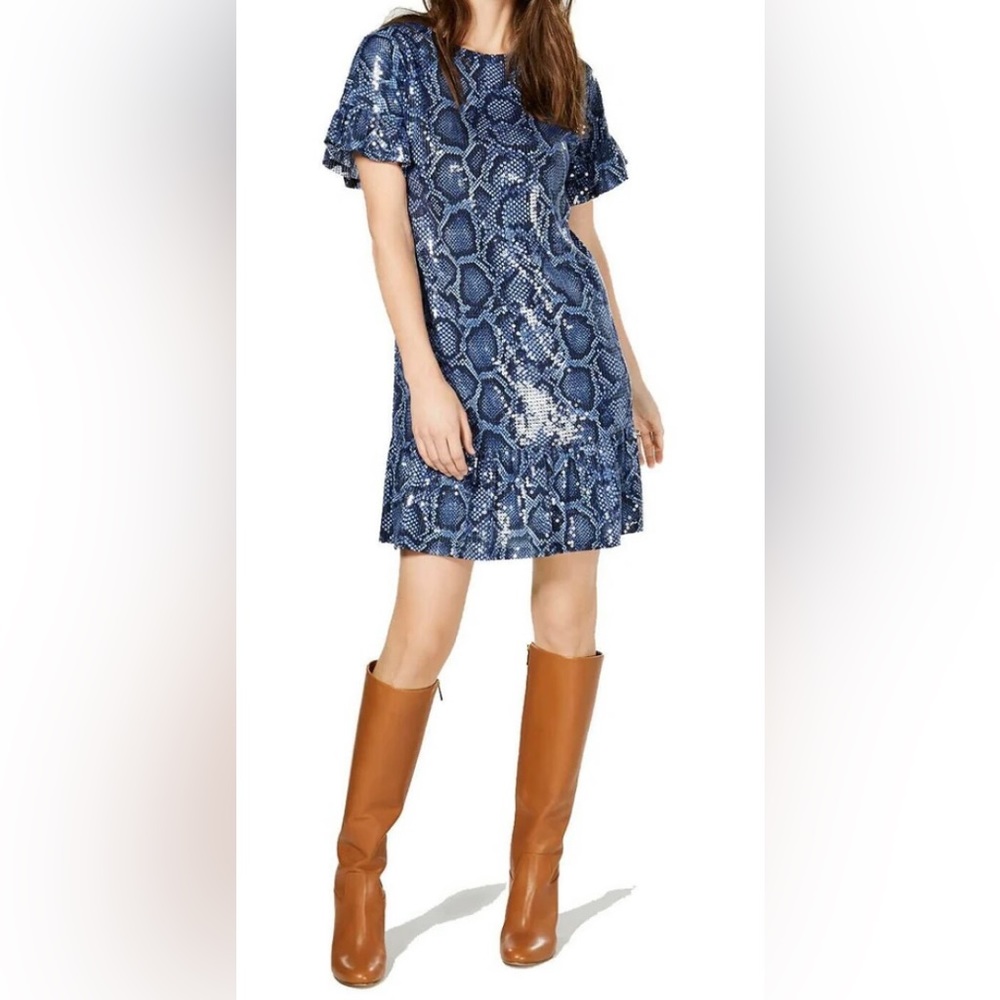 Michael Kors Python Sequin True Navy Snake Print Flounce Dress, Large
